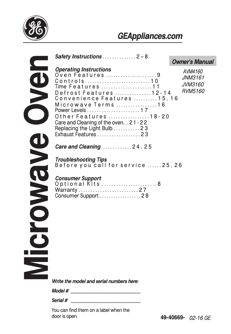 Page 1 de la notice Manuel d'utilisation et d'entretien GE Artistry AVM4160DFBS