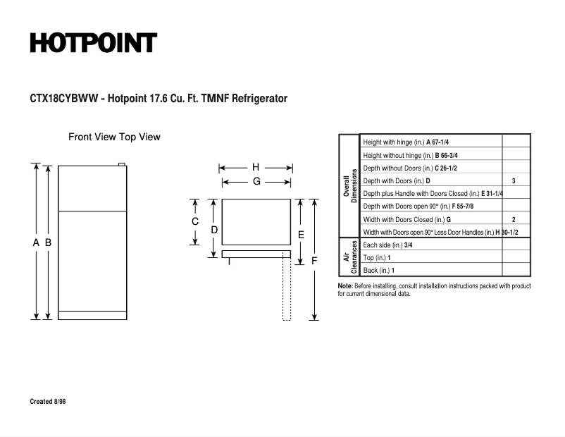 Página 1 del manual Ficha técnica Hotpoint CTX18CYBLWW