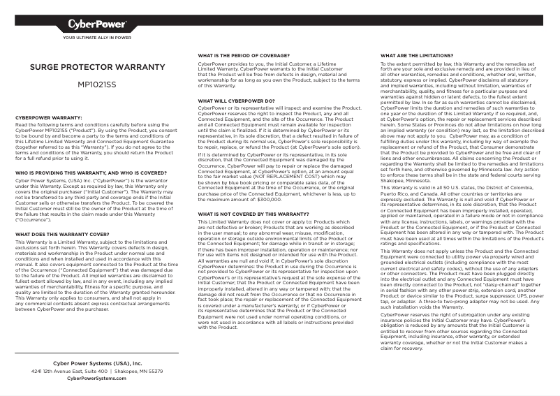 Página 1 del manual Información de garantía CyberPower MP1021SS