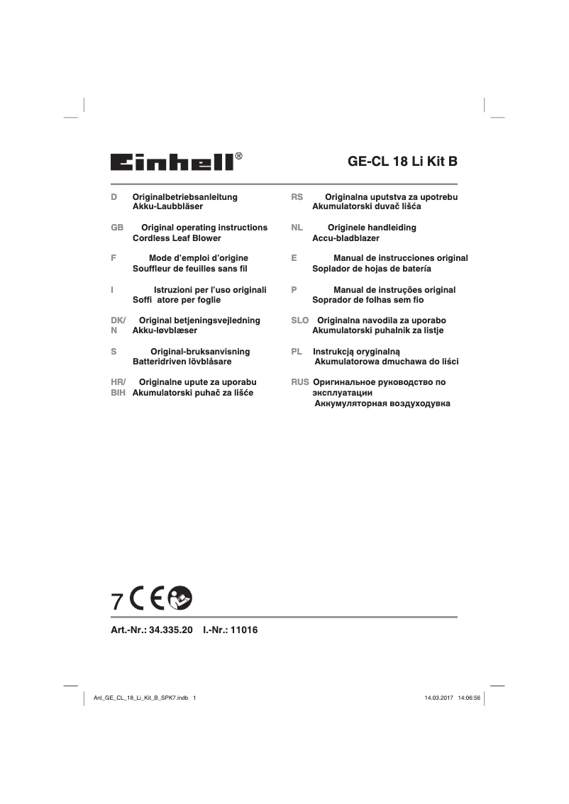 Page 1 de la notice Manuel utilisateur Einhell GE-CL 18 Li Kit