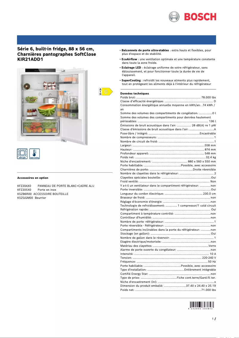 Page 1 de la notice Fiche technique Bosch KIR21ADD1