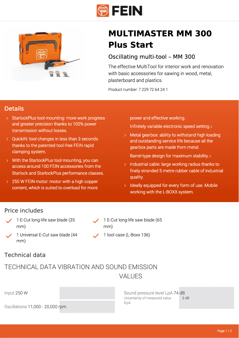 Page 1 de la notice Fiche technique Fein Multimaster MM 300 Plus Start