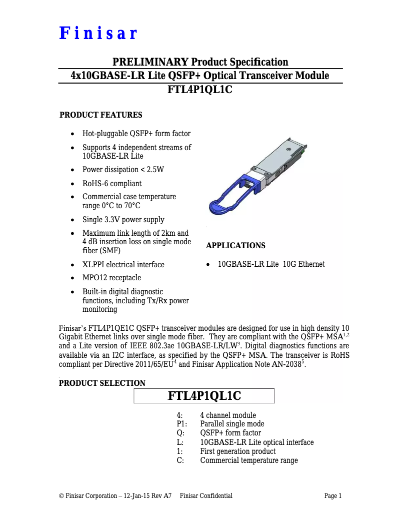 Page 1 de la notice Manuel utilisateur Finisar FTL4P1QL1C