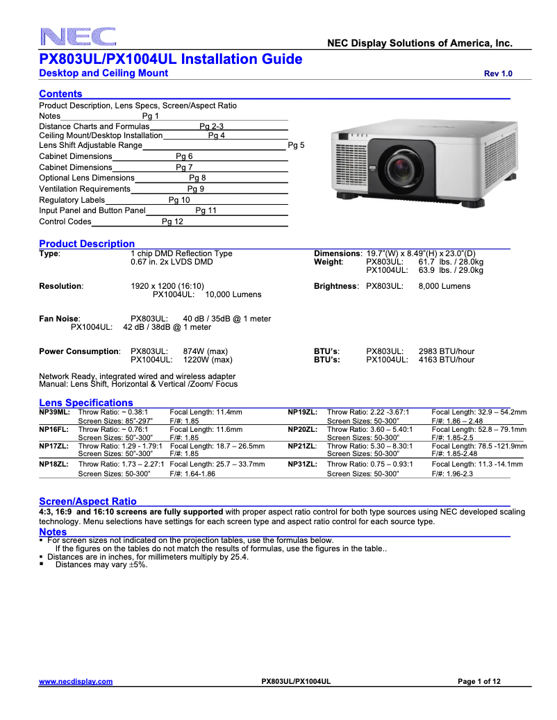 Page 1 de la notice Manuel utilisateur NEC PX1004UL