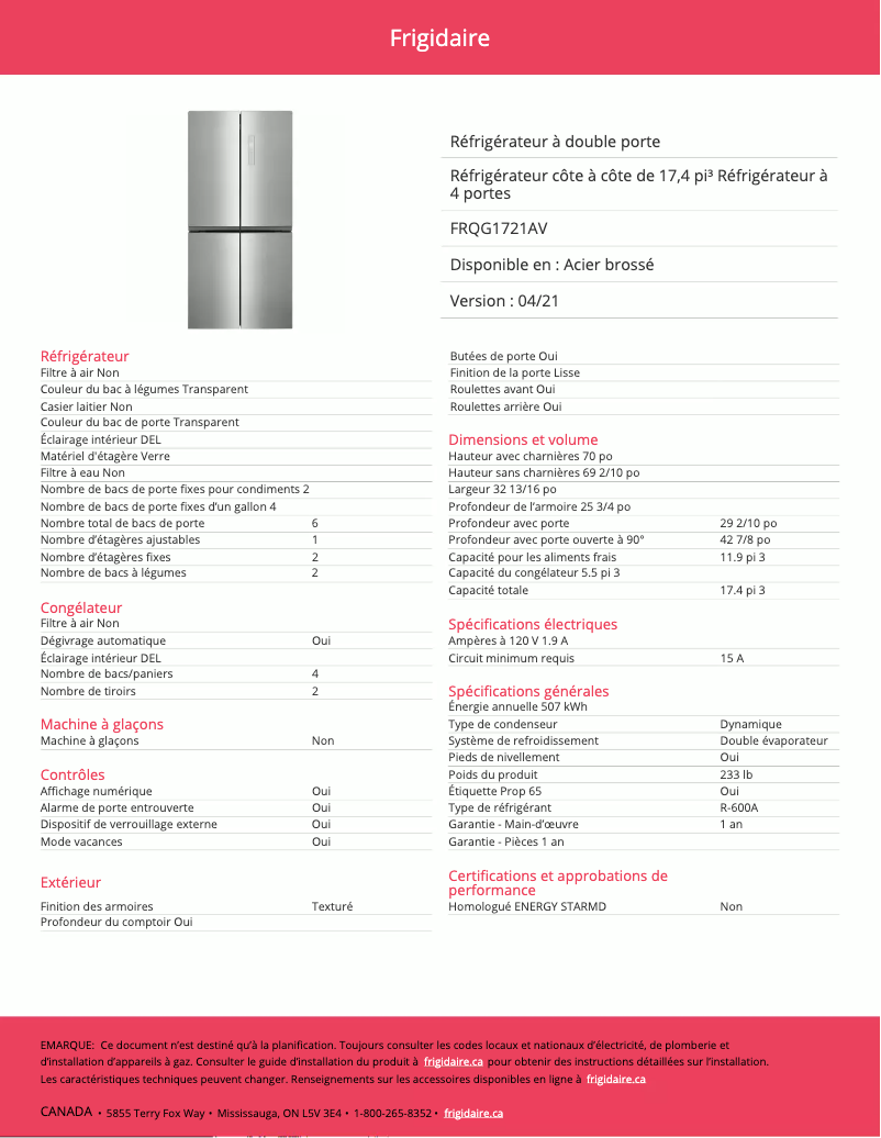 Page 1 de la notice Fiche technique Frigidaire FRQG1721AV
