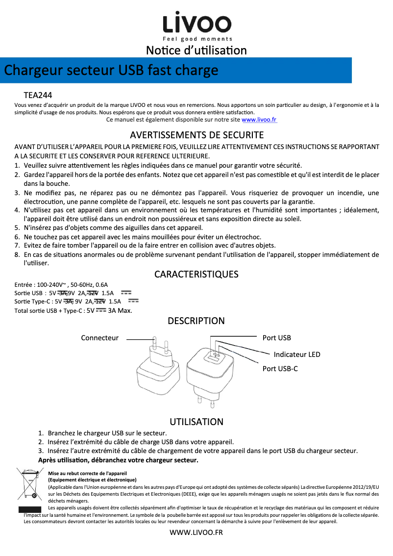 Page 1 de la notice Manuel utilisateur Livoo TEA244
