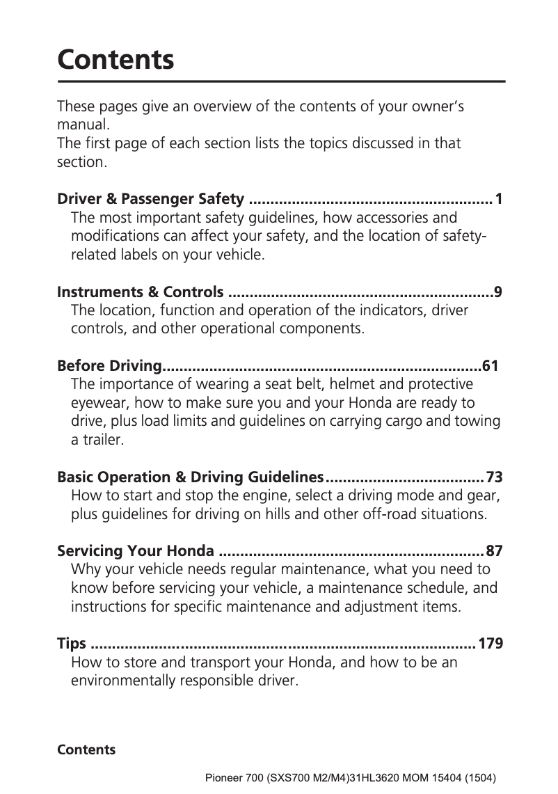 Page 1 de la notice Manuel utilisateur Honda Pioneer 700 (2016)