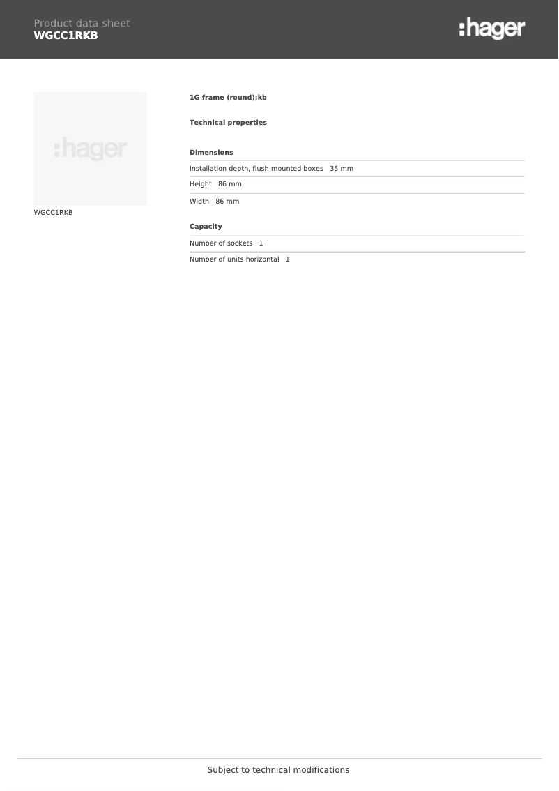 Page 1 de la notice Fiche technique Hager WGCC1RKB