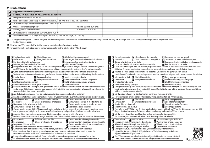 Page 1 de la notice Fiche technique Panasonic TX-48AS640