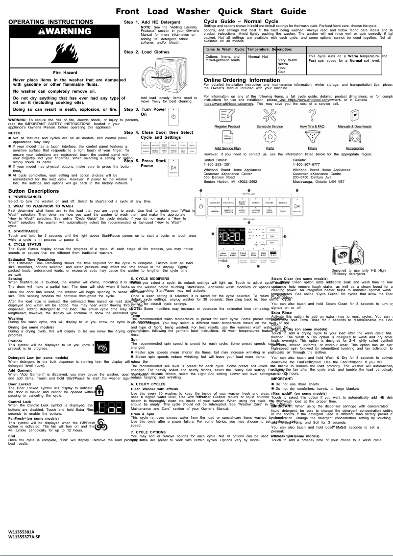 Página 1 del manual Guía de inicio rápido Whirlpool WFW560CHW