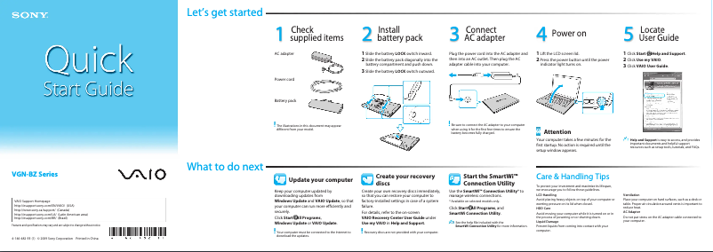Page 1 de la notice Guide d'installation Sony Vaio VGN-BZ570N