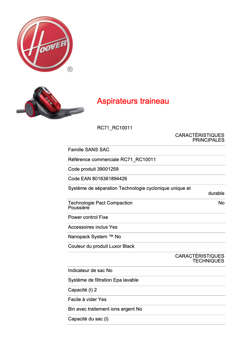 Página 1 del manual Ficha técnica Hoover Reactiv RC71_RC10011