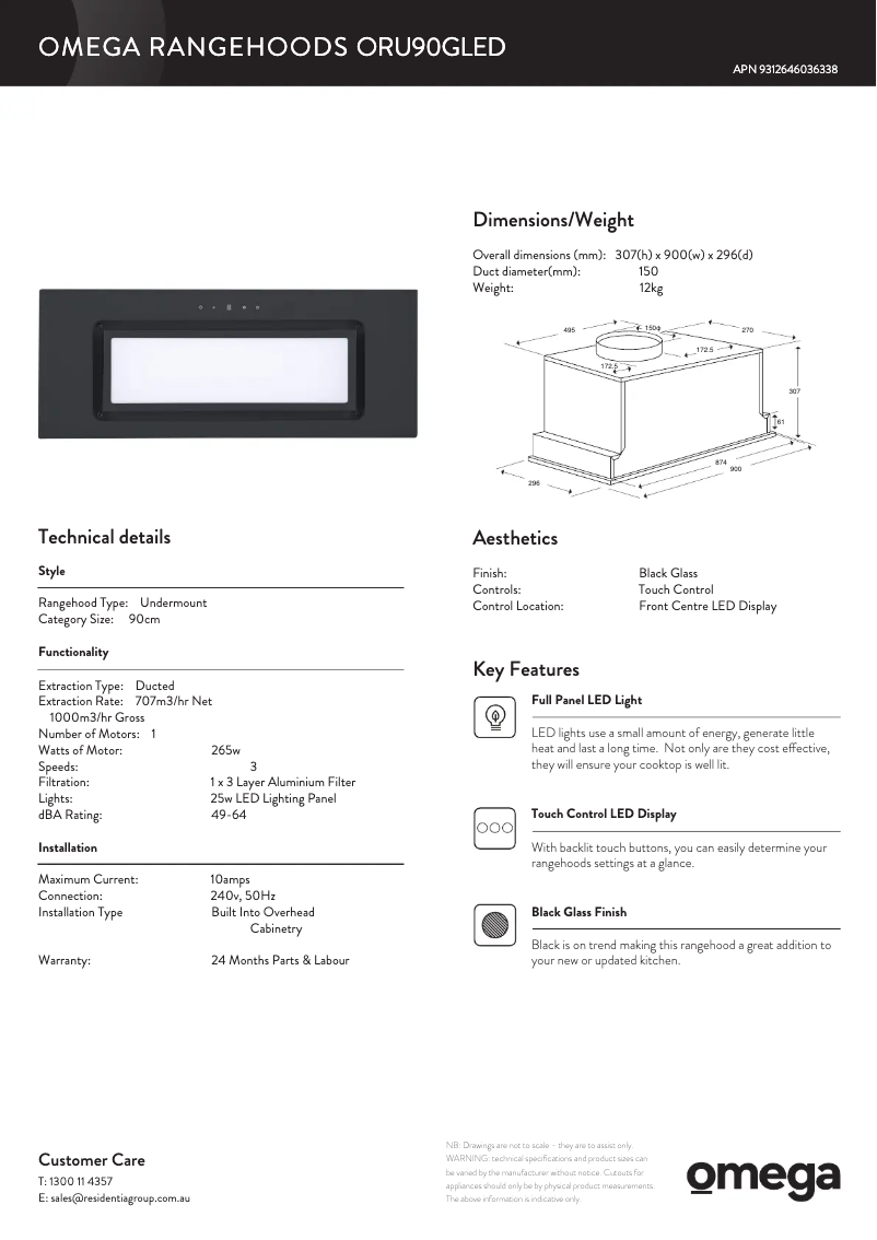 Page 1 de la notice Fiche technique Omega ORU90GLED