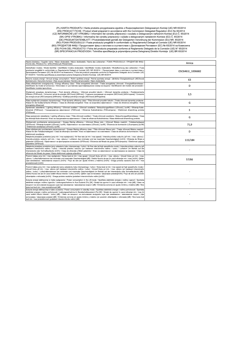Page 1 of the manual Technical Sheet Amica OSC 6461 I