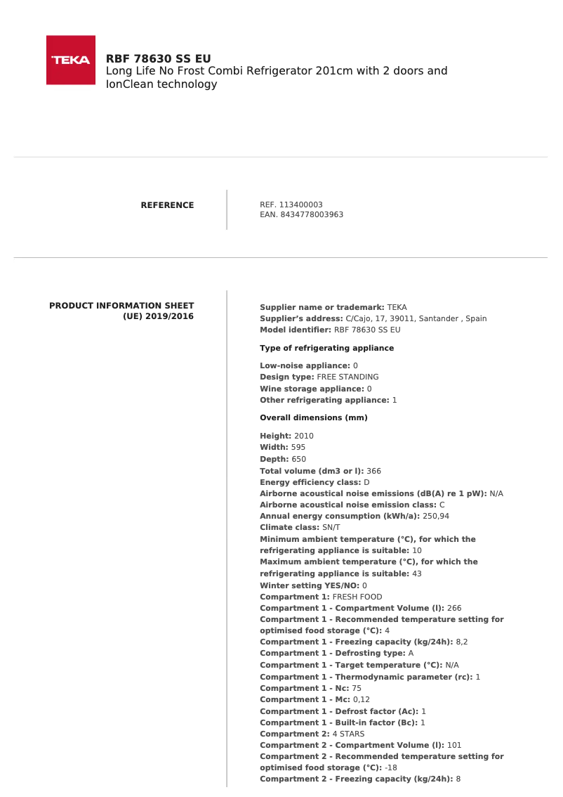 Page 1 de la notice Fiche technique Teka RBF 78720