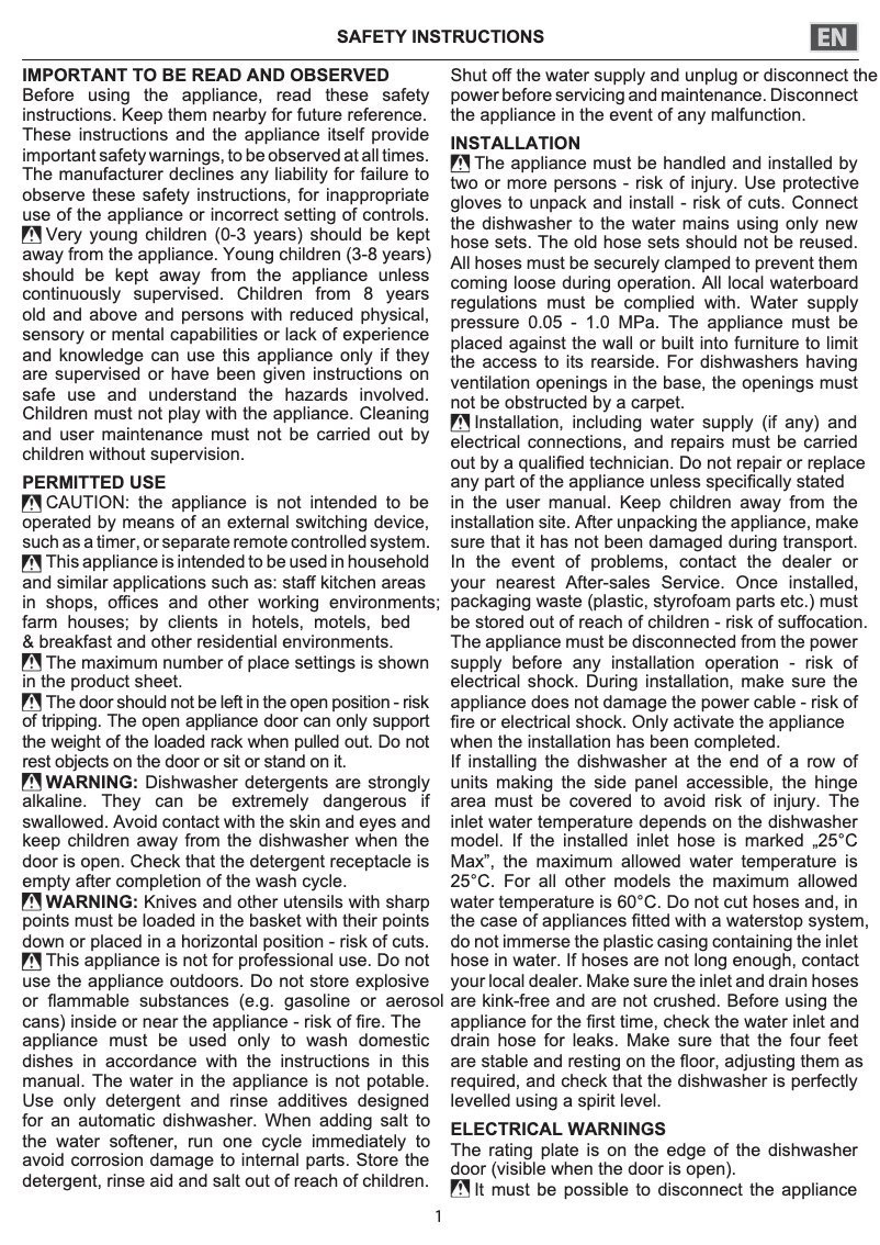 Page n°1 - Instructions de sécurité Indesit DFE 1B19 X UK