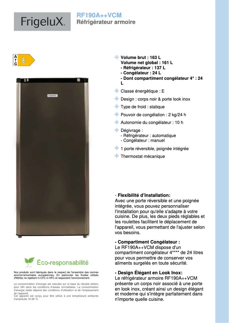 Página 1 del manual Ficha técnica FrigeluX RF190A++VCM