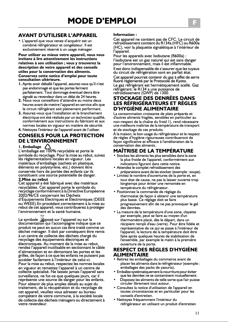 Page 1 de la notice Manuel utilisateur Whirlpool ARC 5574/2 IS