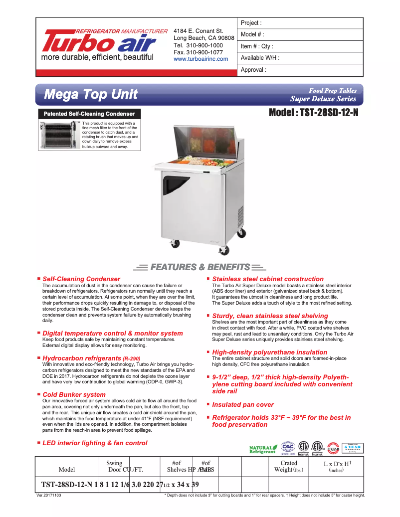 Página 1 del manual Ficha técnica Turbo air TST-28SD-12