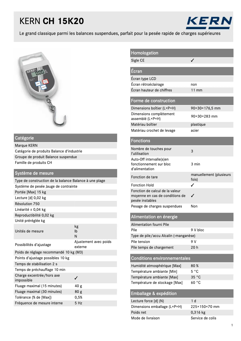 Page 1 de la notice Fiche technique Kern CH 15K20