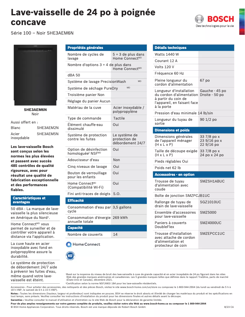 Page 1 de la notice Fiche technique Bosch SHE3AEM6N