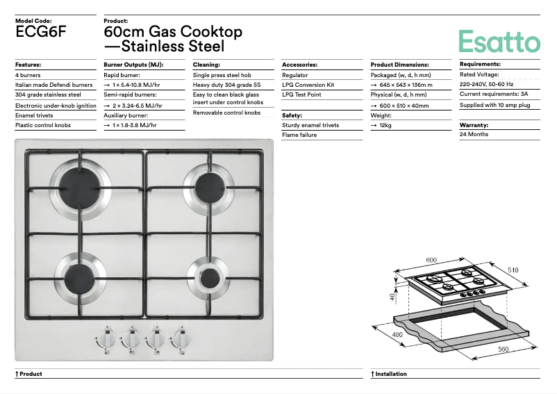 Página 1 del manual Ficha técnica Esatto ECG6F
