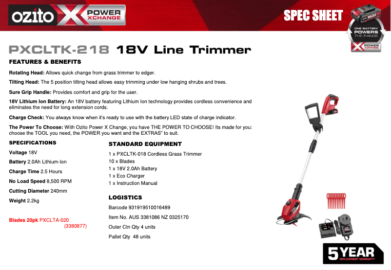 Page 1 de la notice Fiche technique Ozito PXCLTK-218