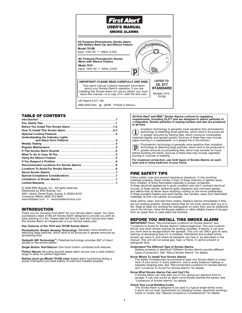 Page 1 de la notice Manuel utilisateur First Alert 7010B