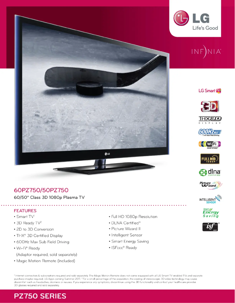 Page 1 de la notice Fiche technique LG 60PZ750