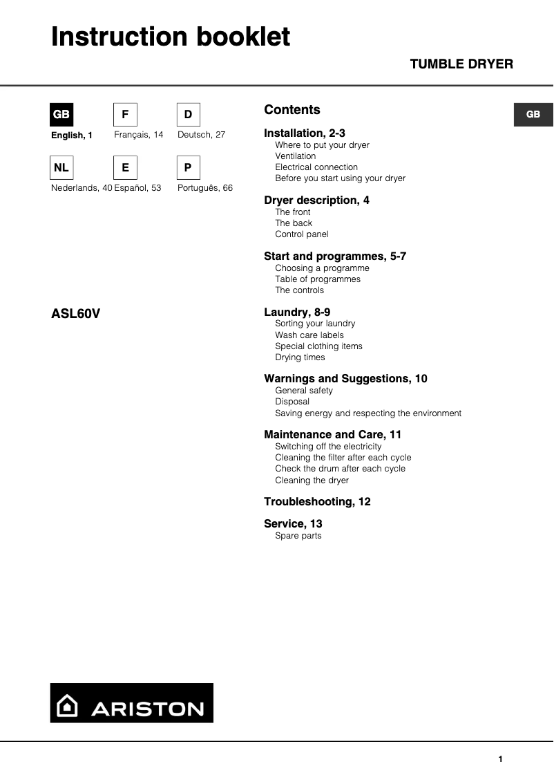 Page 1 de la notice Manuel utilisateur Ariston Thermo ASL 60 V