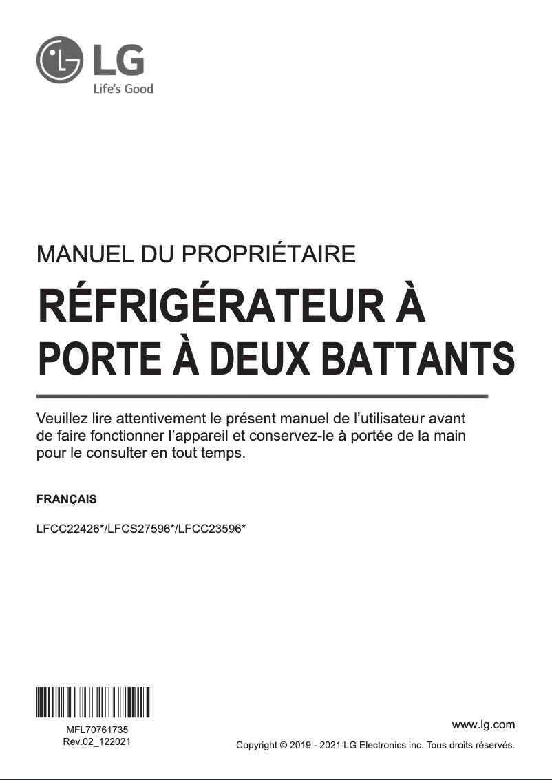 Page 1 de la notice Manuel utilisateur LG LFCC23596S
