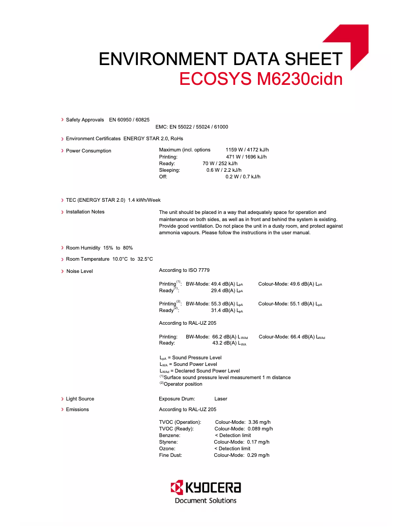 Page 1 de la notice Fiche technique Kyocera ECOSYS M6230cidn