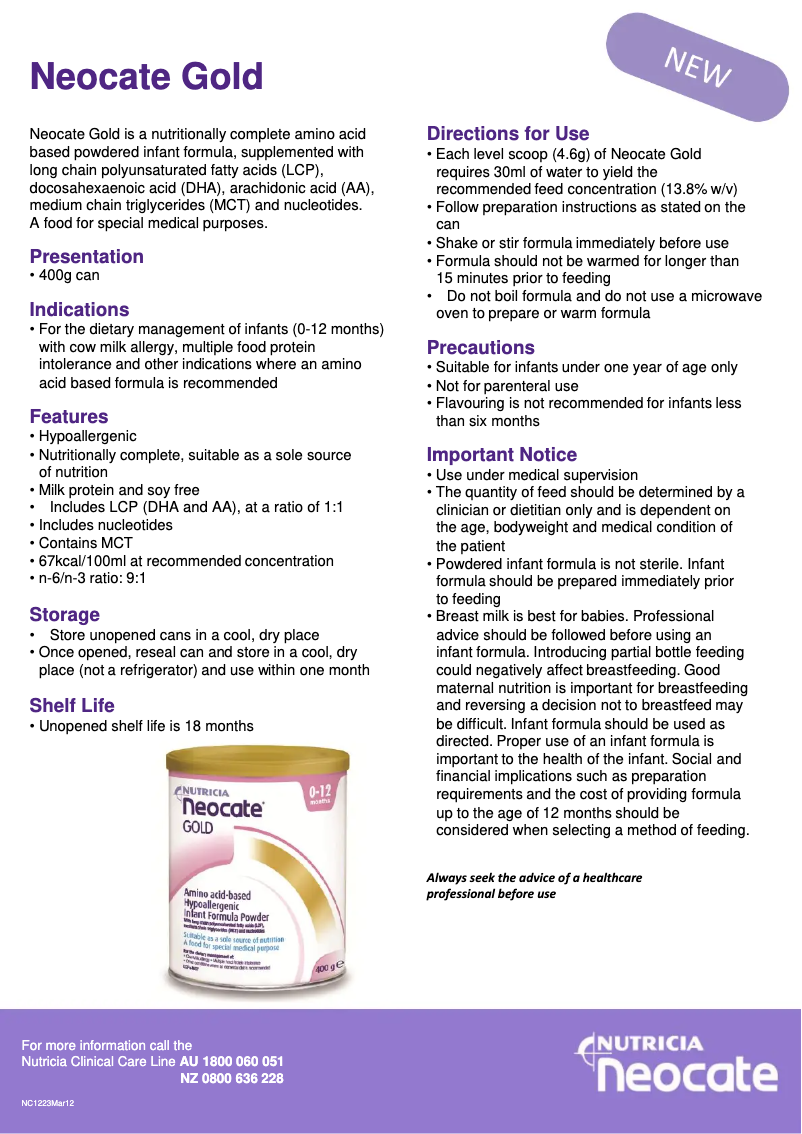 Página 1 del manual Manual de usuario Nutricia Neocate Gold