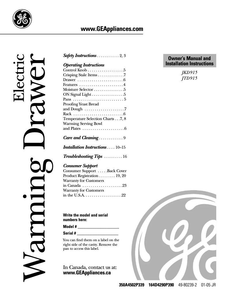 Page 1 de la notice Manuel d'utilisation et d'entretien GE Profile JKD915CFCC