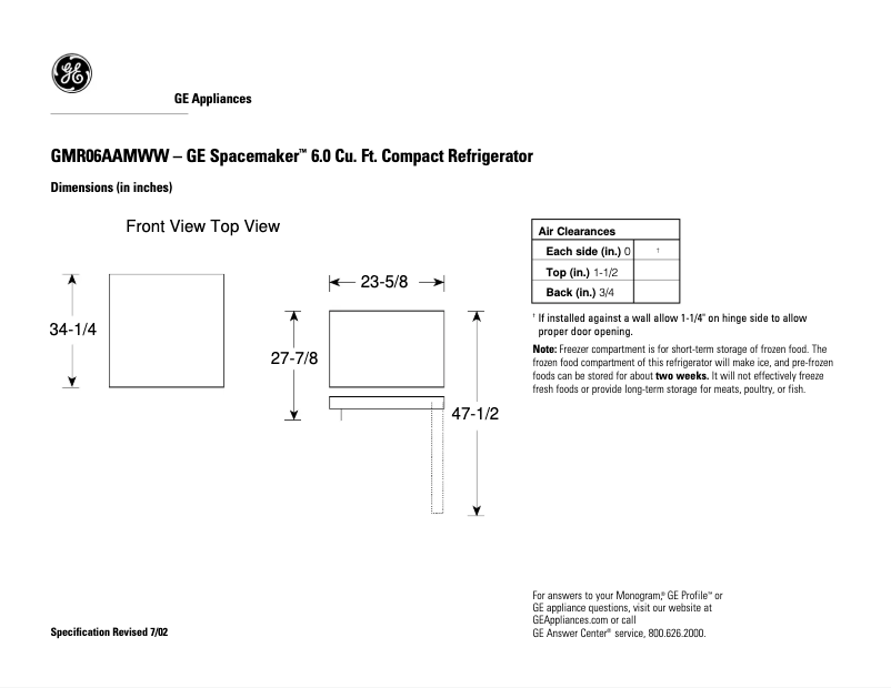 Page n°1 - Fiche technique GE GMR06AAMWW