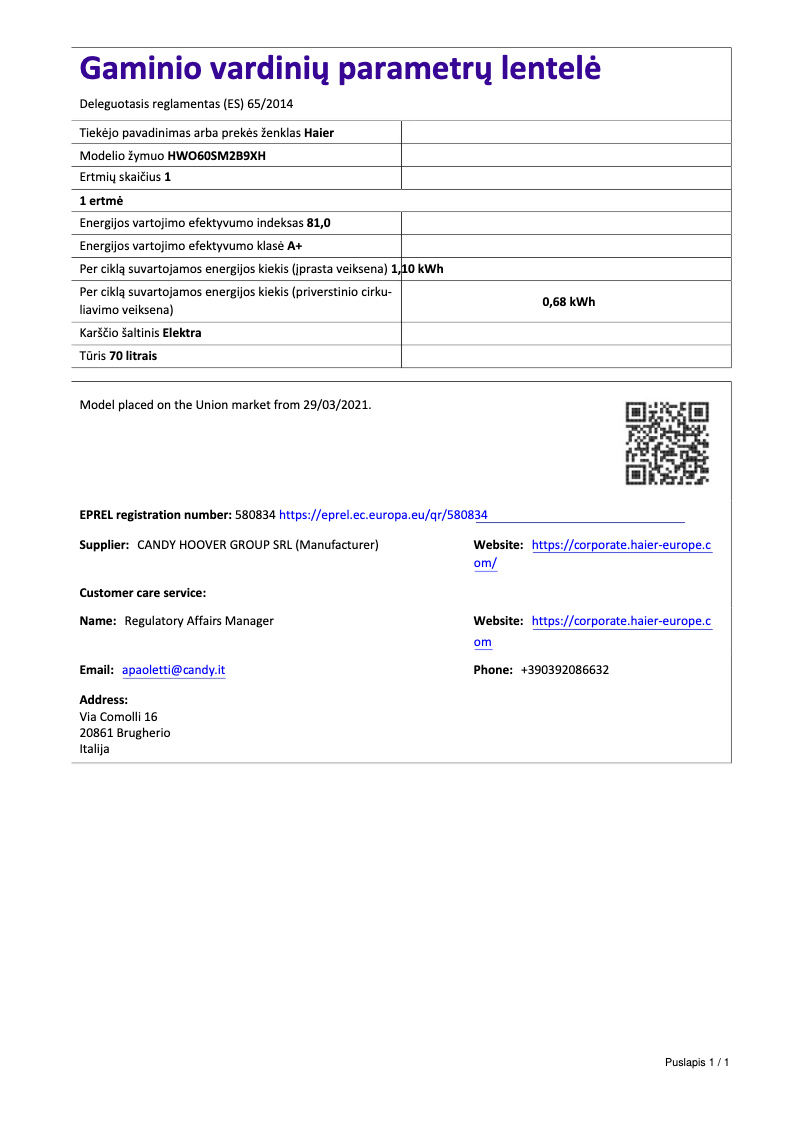 Página 1 del manual Ficha técnica Haier HWO60SM2B9XH