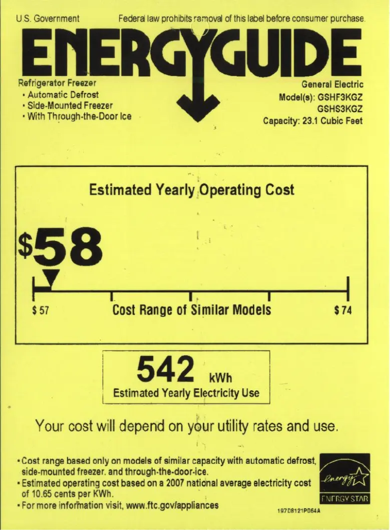 Page 1 de la notice Label énergétique GE GSHS3KGZSS