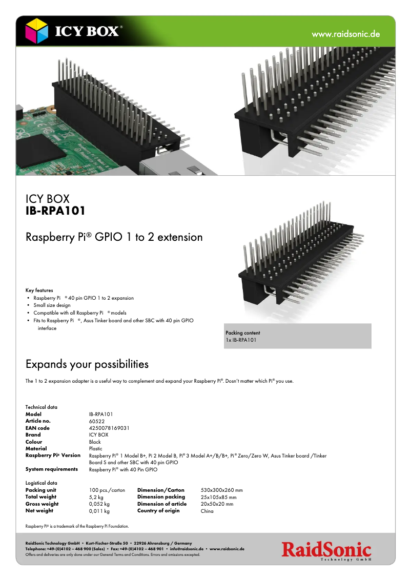 Page 1 of the manual Technical Sheet Icy Box IB-RPA101