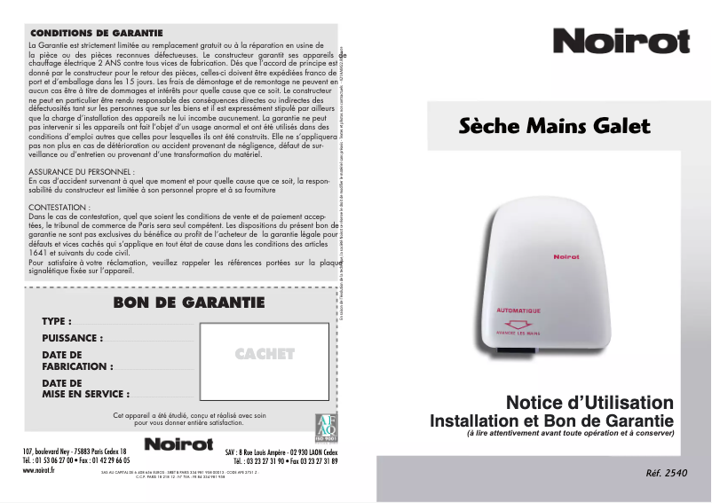 Page 1 de la notice Manuel utilisateur Noirot 2540 Galet