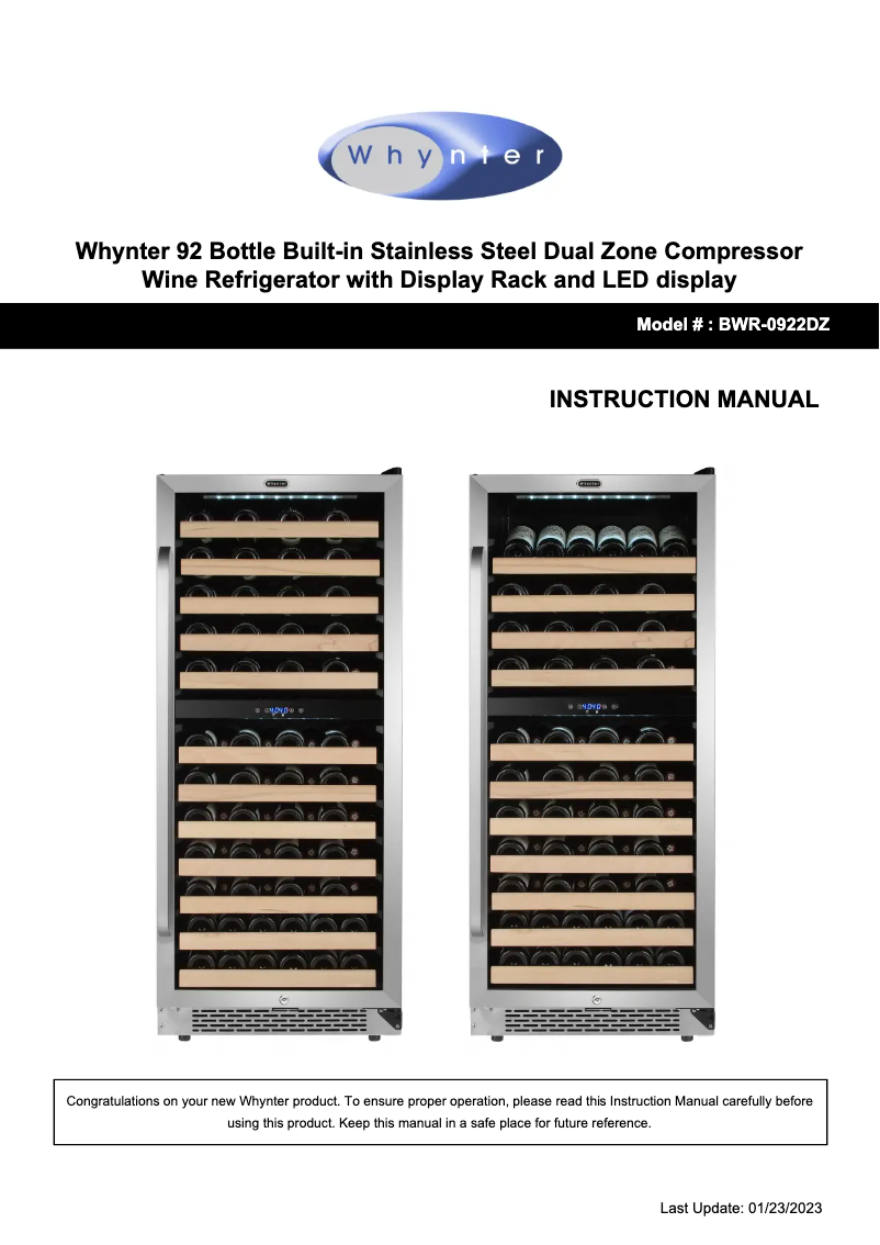 Page 1 of the manual User Manual Whynter BWR-0922DZ