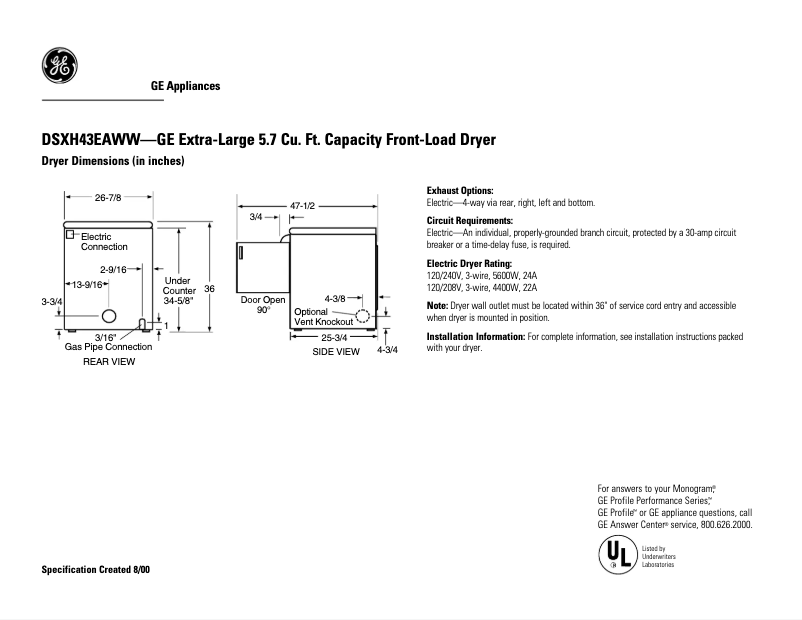 Página 1 del manual Ficha técnica GE DSXH43EAWW