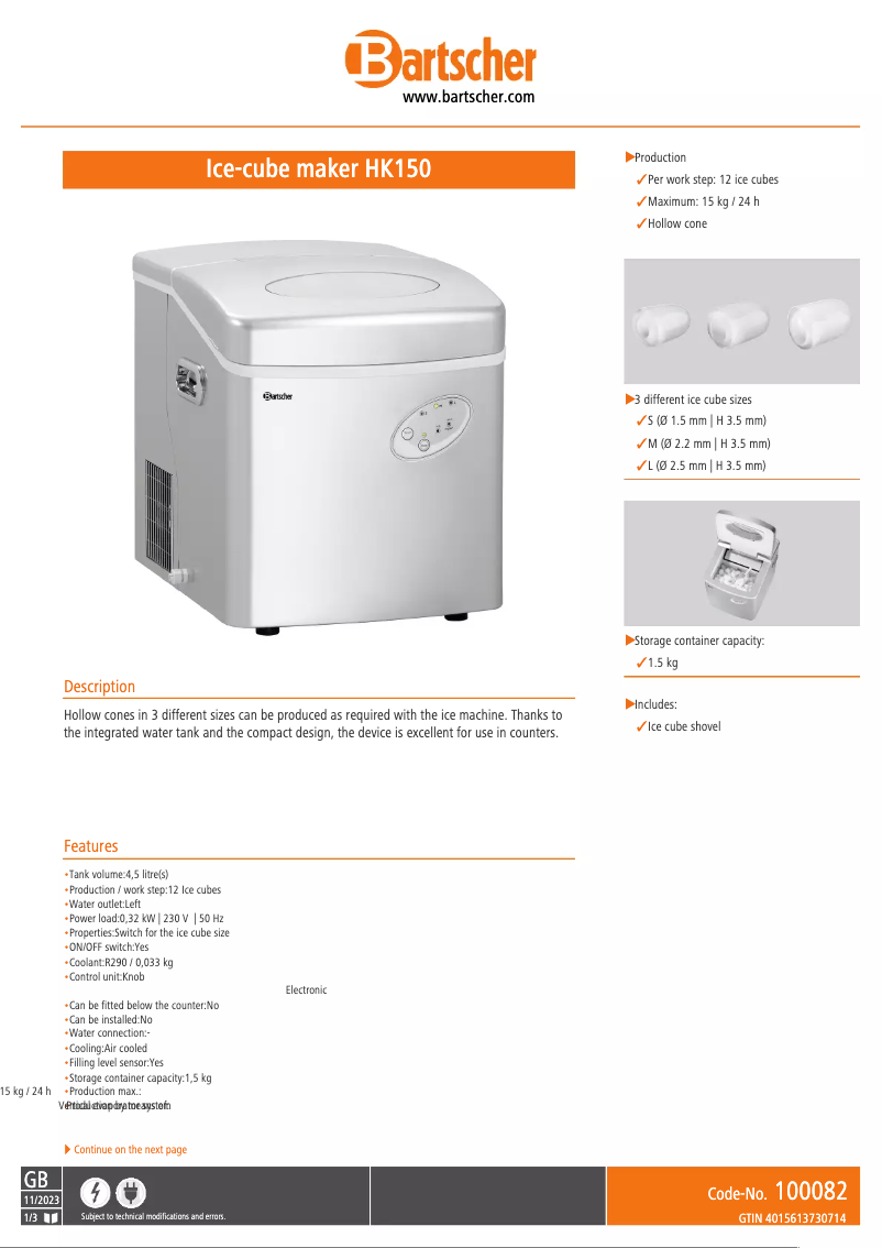 Page 1 de la notice Fiche technique Bartscher HK150