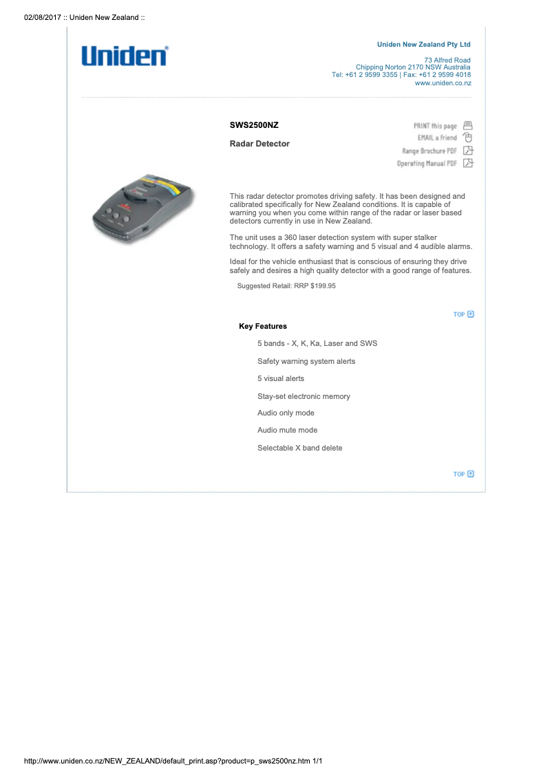 Page 1 de la notice Manuel utilisateur Uniden SWS 2500NZ