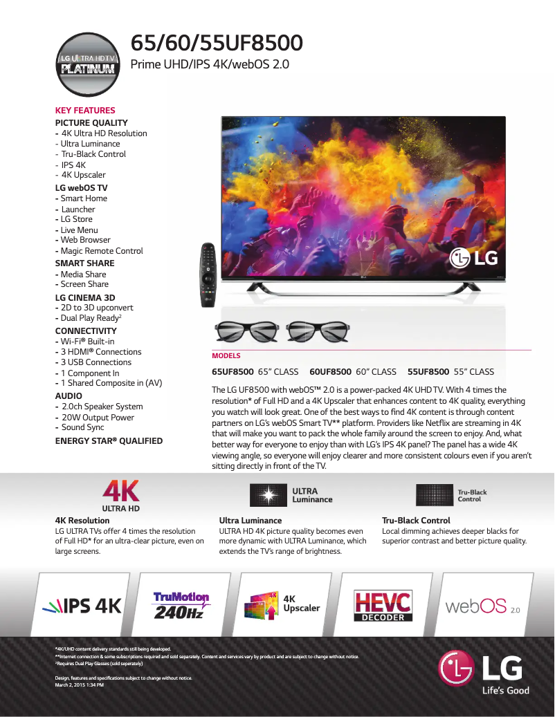 Page 1 de la notice Fiche technique LG 60UF8500