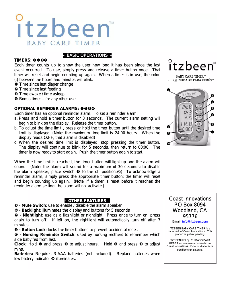 Page 1 de la notice Manuel utilisateur Itzbeen Baby Care Timer