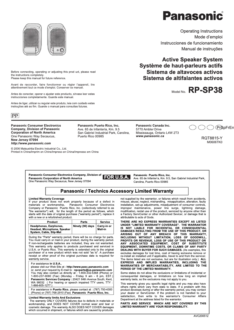 Page 1 de la notice Manuel utilisateur Panasonic RP-SP38