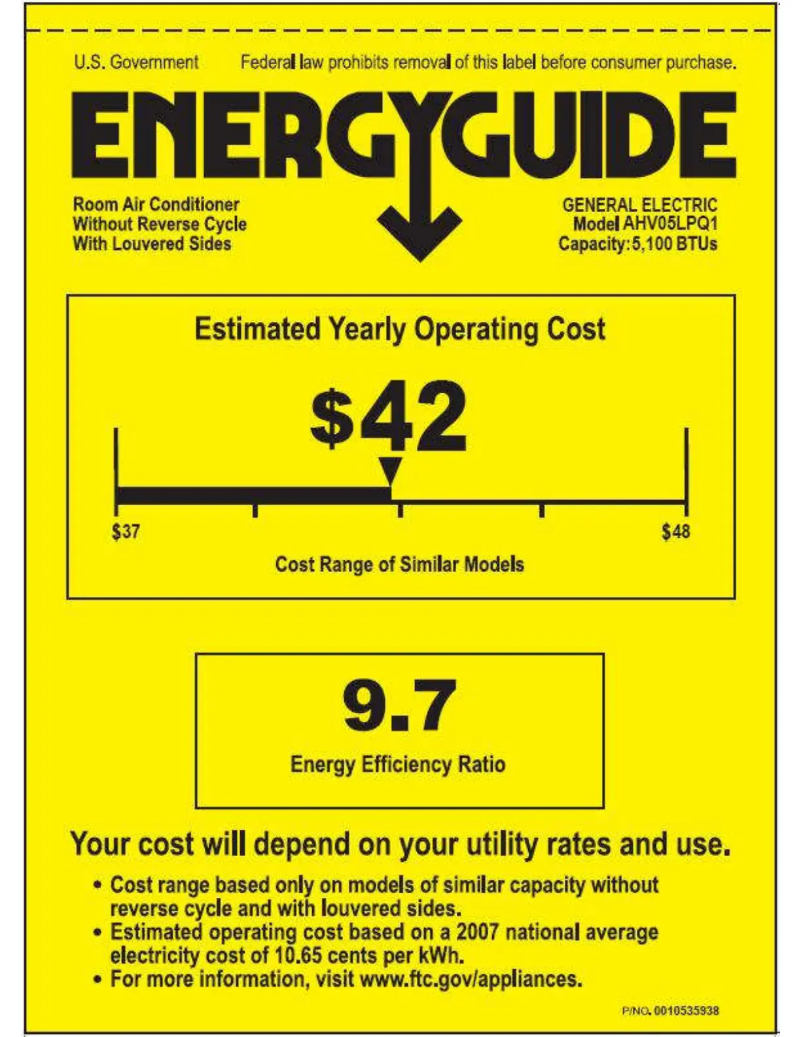 Page 1 de la notice Label énergétique GE AHV05LP