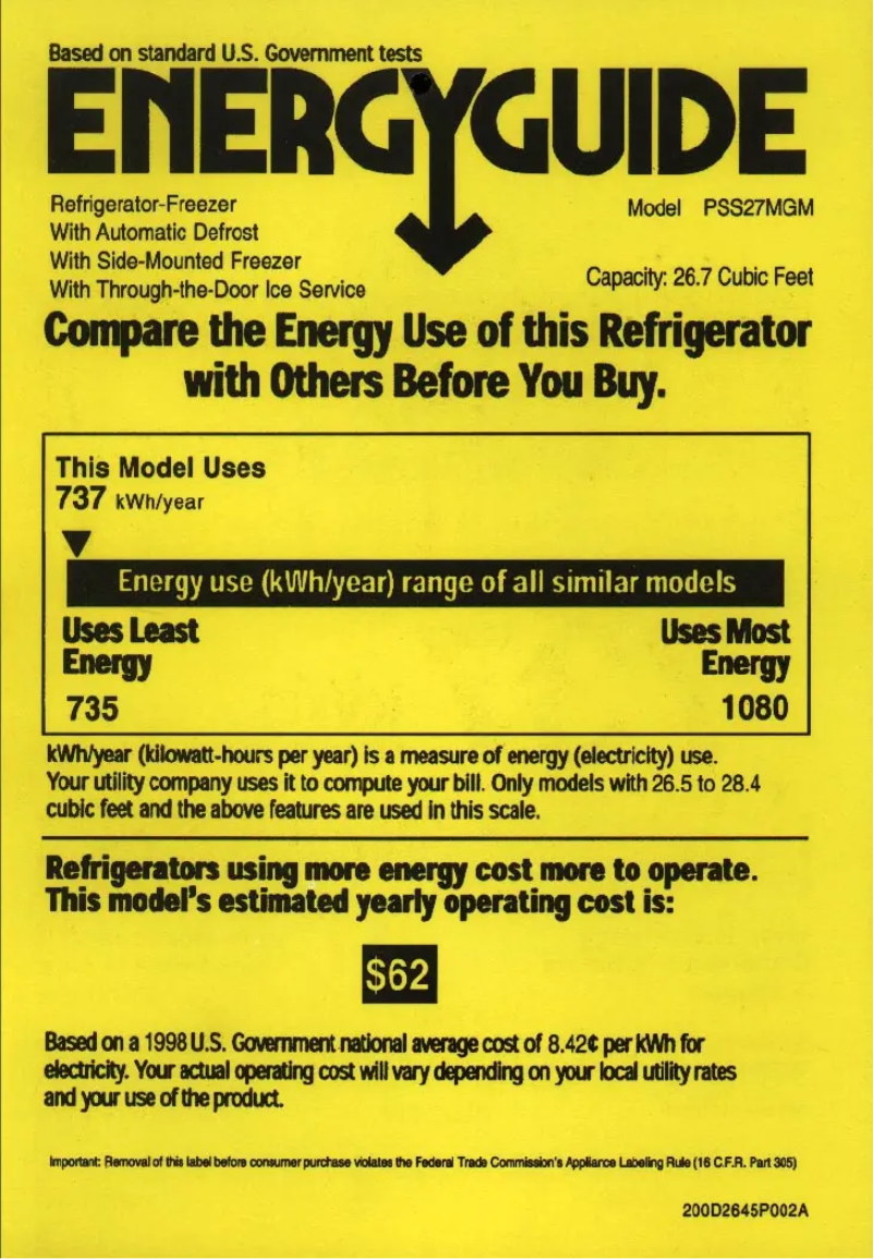 Página 1 del manual Etiqueta energética GE Profile Arctica PSS27MGMCC