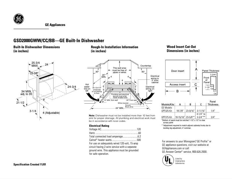 Page 1 of the manual Technical Sheet GE GSD2000GWW