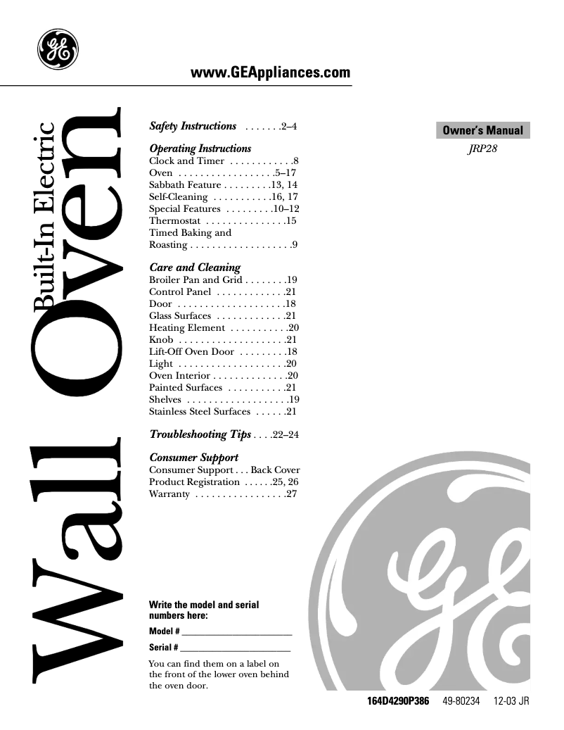 Page n°1 - Manuel utilisateur GE JRP28BJBB